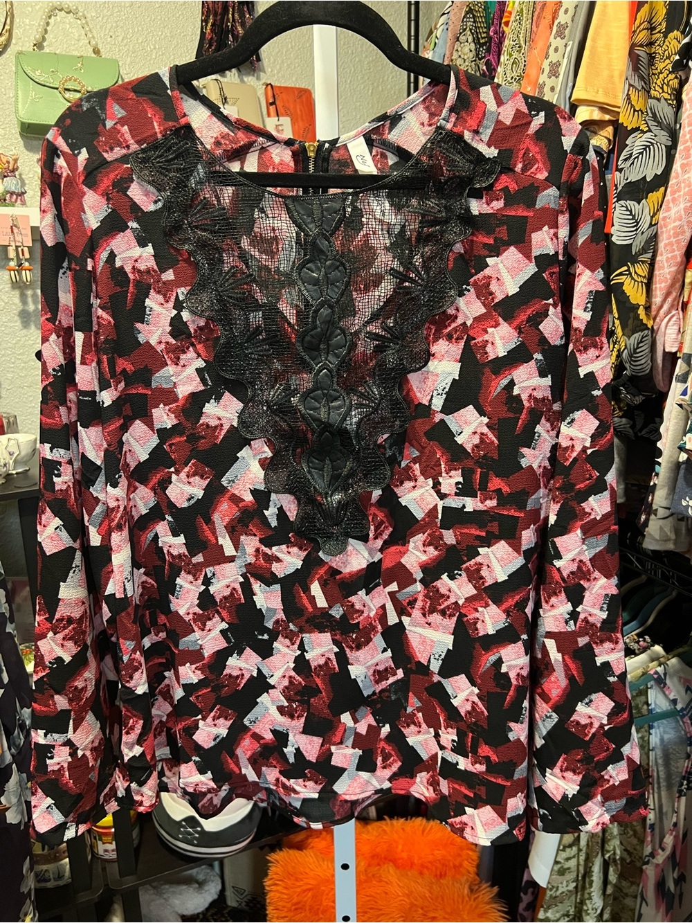 NY Collection Black, Red & Pink Printed Lace-Trim Blouse